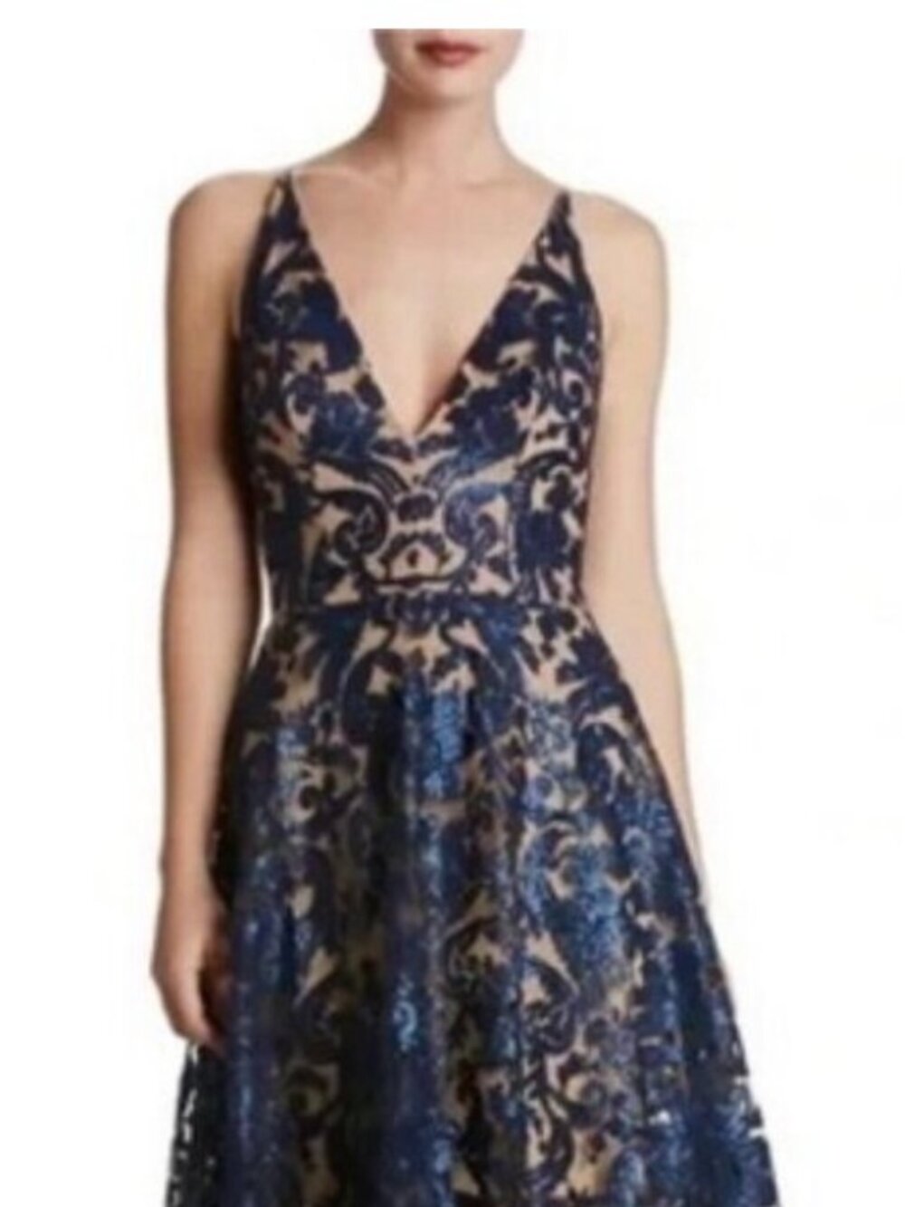 NWT Dress The Population Navy Blue Nude Blair Embellished Fit & Flare Maxi Sz M